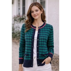 Appleseed Vintage Houndstooth‎ Cardigan Sweater Button Front Green Navy Small